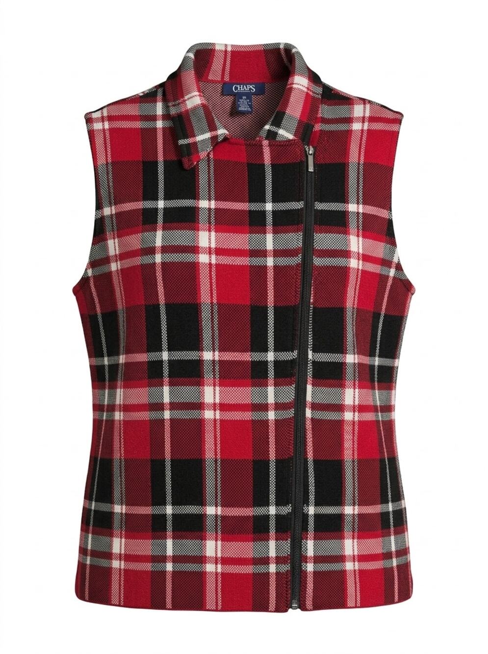 Chaps Red Plaid Asymmetric Zip Up Sleeveless Knit Vest Women Plus Size 1X